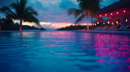 Resort pool at sunset with palm trees and an infinity edge overlooking the ocean