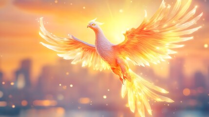 Fototapeta premium golden phoenix bird, sunset cityscape - mythical creatures