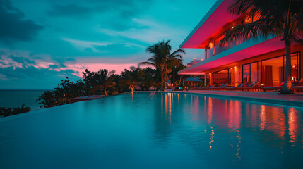 Obraz premium Sunset at a tropical resort with palm trees and an infinity pool by the ocean
