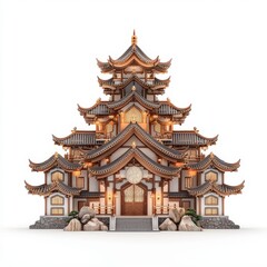 Fototapeta premium A stunning traditional Asian architecture featuring intricate details and ornate roofs, set against a pristine background.
