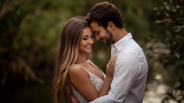 A couple in love embracing wedding engagement photo shoot married engaged on a date