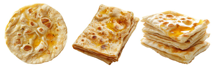 A Moroccan msemen flatbread, flaky and crispy, drizzled with honey and butter, isolated on a transparent background