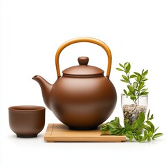 A stylish brown teapot with a bamboo handle, accompanied by a cup and fresh leaves on a wooden tray, ideal for tea lovers.