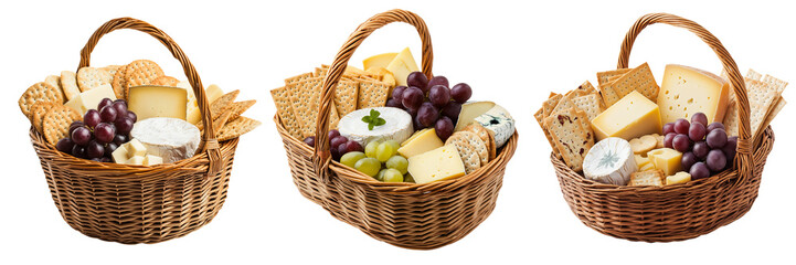 A rustic wicker basket packed with various cheeses, crackers, and grapes, isolated on a transparent background