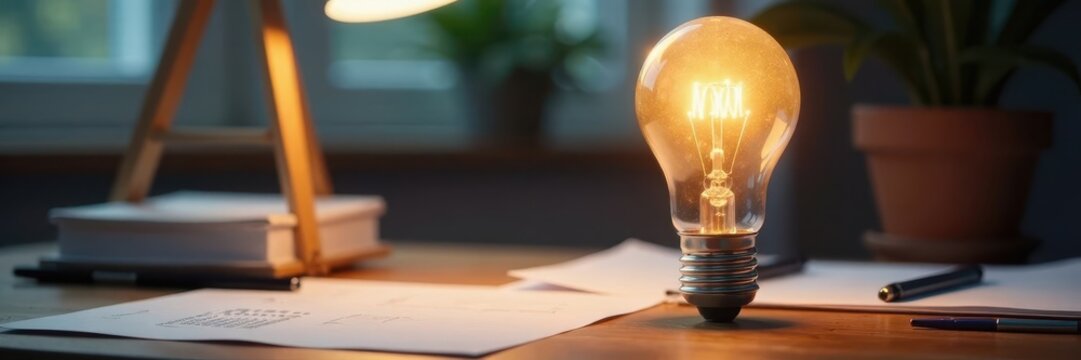 A light bulb with a clock and calendar on its base, surrounded by a simple desk setup with papers and pens , planning, concept