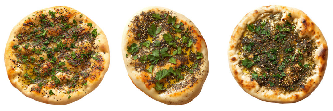 A Lebanese manakish flatbread topped with a fragrant blend of za'atar, olive oil, and fresh herbs, baked until golden, isolated on a transparent background