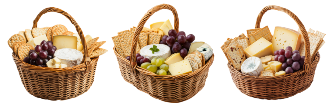 A rustic wicker basket packed with various cheeses, crackers, and grapes, isolated on a transparent background - Powered by Adobe