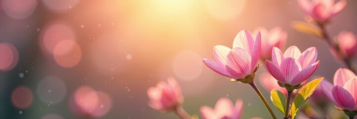 Fototapeta premium Abstract bokeh of sunlit spring flowers, soft focus, pastel colors, sun, sunny