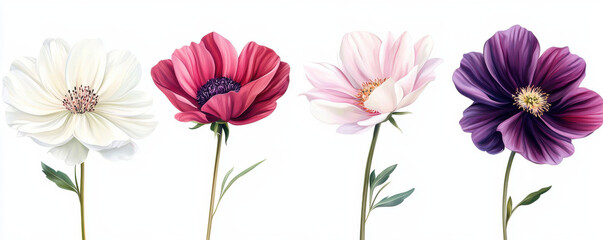 Four realistic flowers in white, red, pink, and purple hues with delicate petals and green stems