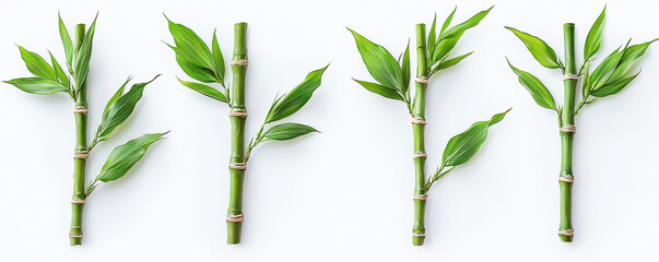Naklejka premium Four green bamboo stalks with fresh leaves arranged on white background, showcasing natural beauty