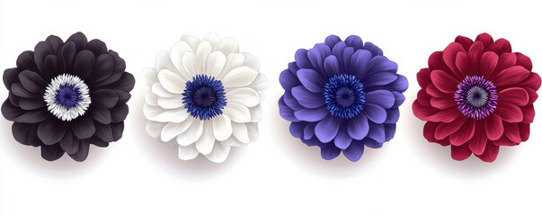 Fototapeta premium Four realistic flowers in black, white, purple, and red with intricate petal details