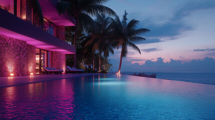 Obraz premium Elegant sunset at a luxury resort featuring palm trees and an infinity pool