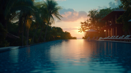 Relaxing resort at sunset with palm trees lining a tranquil infinity pool