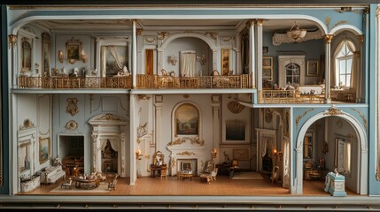 Fototapeta premium A miniature fantasy inside a dollhouse, neoclassical influences, dark white and light blue, rounded.