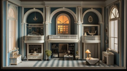 A miniature fantasy inside a dollhouse, neoclassical influences, dark white and light blue, rounded.