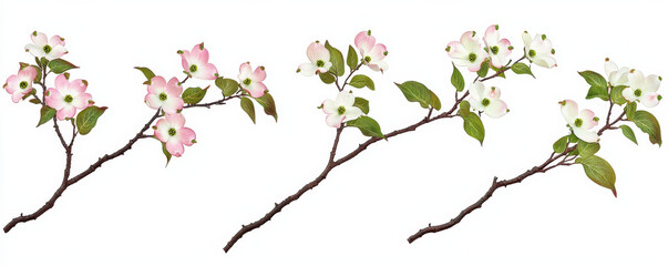 Realistic illustration of dogwood branches with pink and white flowers and green leaves on white background