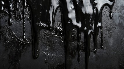 Black melted paint dripping. Abstract melted paint dripping top edge position. Edges and ink drops. Retro and dirty painted wall surface, dark black flowing paint, texture. Abstract background. 