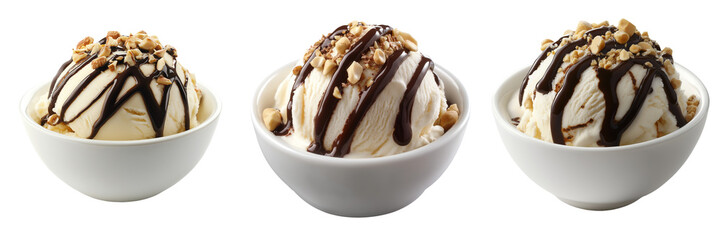 A perfectly scooped ball of vanilla ice cream topped with rich chocolate sauce and crushed peanuts, served in a small white bowl, isolated on a transparent background