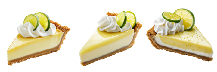 A bright slice of key lime pie topped with a swirl of whipped cream and thin slices of fresh lime, isolated on a transparent background