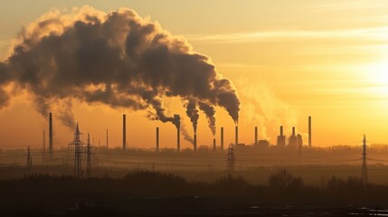 Emissions at Sunrise Over a Quiet Village Landscape