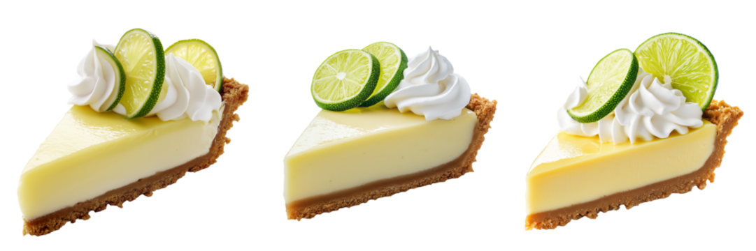 A bright slice of key lime pie topped with a swirl of whipped cream and thin slices of fresh lime, isolated on a transparent background