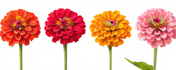 Four vibrant zinnia flowers in orange, red, yellow, and pink, isolated on white background