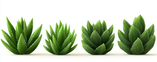 Fototapeta premium Four realistic aloe vera plants in row, showcasing vibrant green leaves and natural textures
