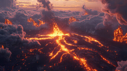 Erupting volcano with lava flow and clouds, dramatic natural phenomenon. Ashfall. Illustration