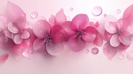 Beautiful Array of Delicate Pink Flowers with Water Droplets Showcasing Elegance and Softness Set against a Subtle Gradient Background