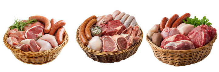 A small basket filled with different cuts of fresh meat, including steaks, chicken breasts, and sausages, isolated on a transparent background