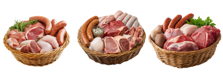 A small basket filled with different cuts of fresh meat, including steaks, chicken breasts, and sausages, isolated on a transparent background