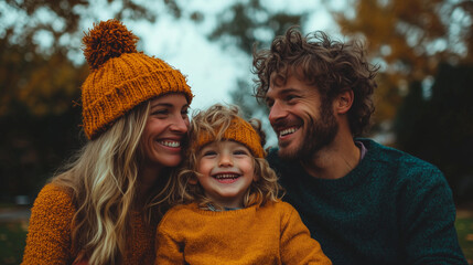 Fototapeta premium Family portrait of parents and children outdoors in cozy sweaters during autumn afternoon