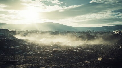 Obraz premium Industrial Pollution Over a Mountain Town at Dusk