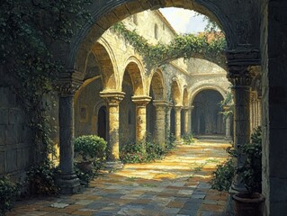 Obraz premium Beautiful Sunlit Stone Cloister Covered with Lush Greenery and Fragrant Flowers Creating a Tranquil and Serene Atmosphere in a Historical Architectural Setting