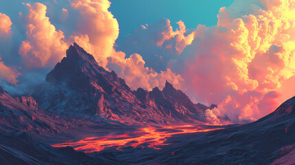 A stunning volcanic eruption scene with flowing lava, blackened terrain, and a dramatic sky. nature's power on full display, capturing the essence of earth's dynamic processes. Ashfall. Illustration