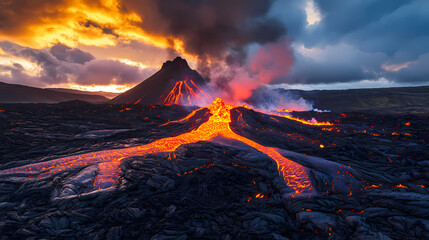 A stunning volcanic eruption scene with flowing lava, blackened terrain, and a dramatic sky. nature's power on full display, capturing the essence of earth's dynamic processes. Ashfall. Illustration