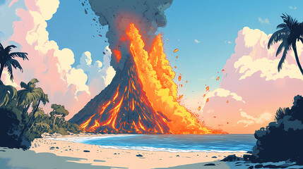 A volcanic eruption with ash clouds and lava, set against a beach landscape. Ashfall. Illustration