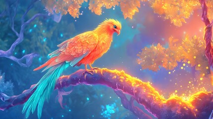 magical fantasy bird on glowing branch - fantasy and mythical creat.