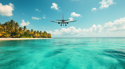 Airplane descends toward a tropical paradise with clear blue waters and palm trees