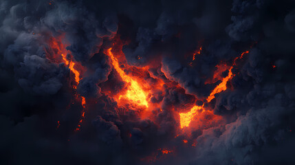 Aerial view of dramatic volcano eruption with dark skies. generative ai image. Ashfall. Illustration