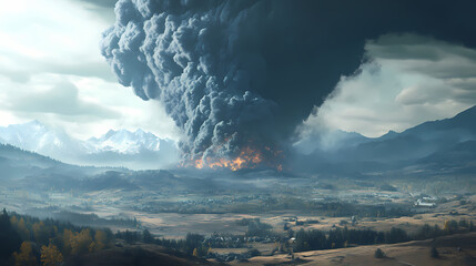 Ashfall, swirling gray ash clouds obscuring distant landscapes. Ashfall. Illustration