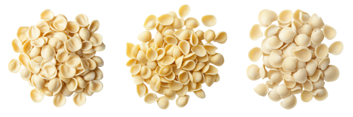 A pile of uncooked orecchiette pasta shells, isolated on a transparent background