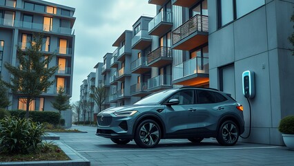 Fototapeta premium Electric Car Charging at Modern Home City Eco energy-efficient vehicle. A sleek white electric Car SUV parked and charging at a residential charging station in front of a modern house on a sunny day. 