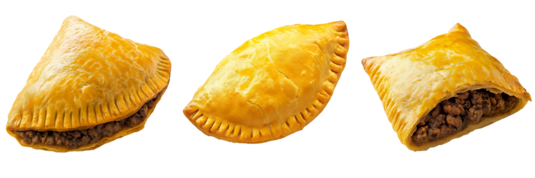 A Jamaican patty, a golden, flaky pastry filled with spicy ground beef, isolated on a transparent background