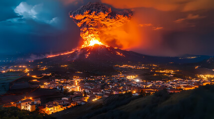 Dramatic aerial view of etna volcano erupting with explosions, lava flows, and ash clouds over villages captured on march in low light conditions. Ashfall. Illustration