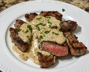 A juicy steak topped with rich creamy garlic sauce