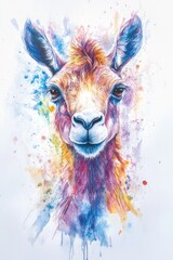 This captivating watercolor image showcases a goat's gentle face, surrounded by a vivid explosion of colors that express its curious nature and playful spirit.