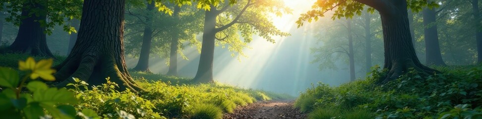 Serene forest scene with emerging spring foliage and misty atmosphere, misty morning, budding branches, serene environment