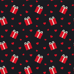 Hearts and red gift box with white bow on the dark background seamless pattern. Vector love symbols background for Mothers Day or Valentines Day greeting card design.