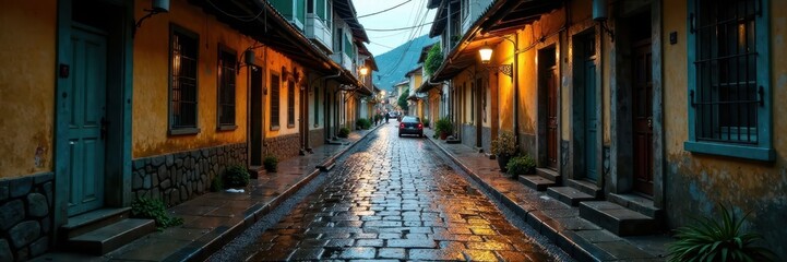 Obraz premium Rain-soaked cobblestone street in a neglected neighborhood, rainy streets, grey concrete, dripping rain